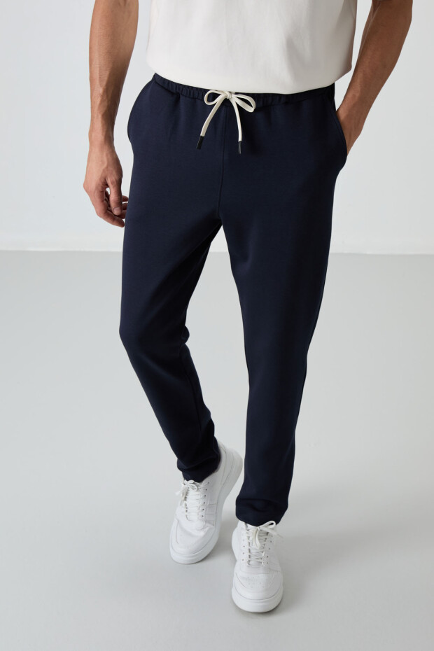 Ekru - Lacivert Pamuklu Kalın Yumuşak Dokulu Oversize Fit Basic Erkek Eşofman Takım - 85251 - 5