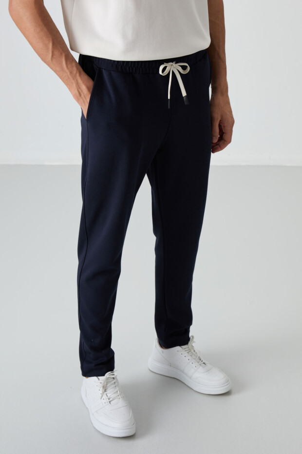 Ekru - Lacivert Pamuklu Kalın Yumuşak Dokulu Oversize Fit Basic Erkek Eşofman Takım - 85251 - 7