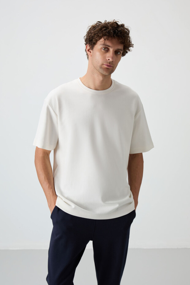 Ekru - Lacivert Pamuklu Kalın Yumuşak Dokulu Oversize Fit Basic Erkek Eşofman Takım - 85251 - 4