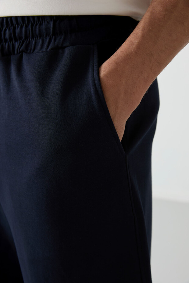 Ekru - Lacivert Pamuklu Kalın Yumuşak Dokulu Oversize Fit Basic Erkek Şort Takım - 85249 - 6