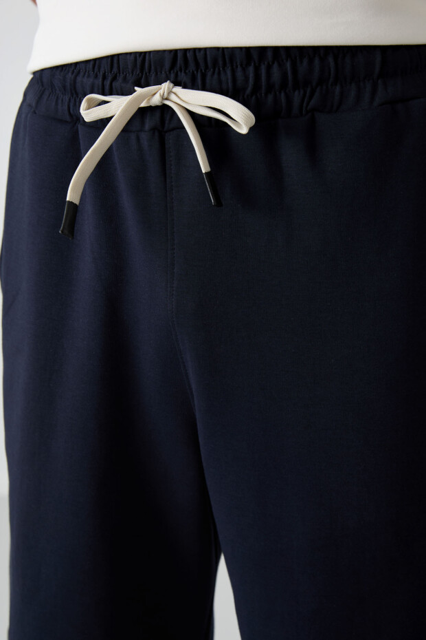 Ekru - Lacivert Pamuklu Kalın Yumuşak Dokulu Oversize Fit Basic Erkek Şort Takım - 85249 - 3
