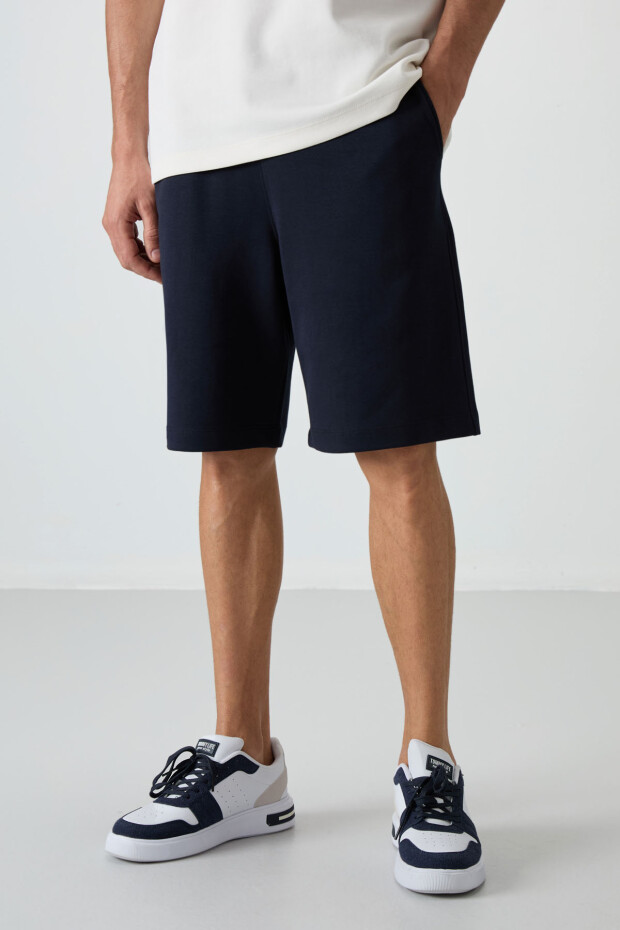 Ekru - Lacivert Pamuklu Kalın Yumuşak Dokulu Oversize Fit Basic Erkek Şort Takım - 85249 - 5