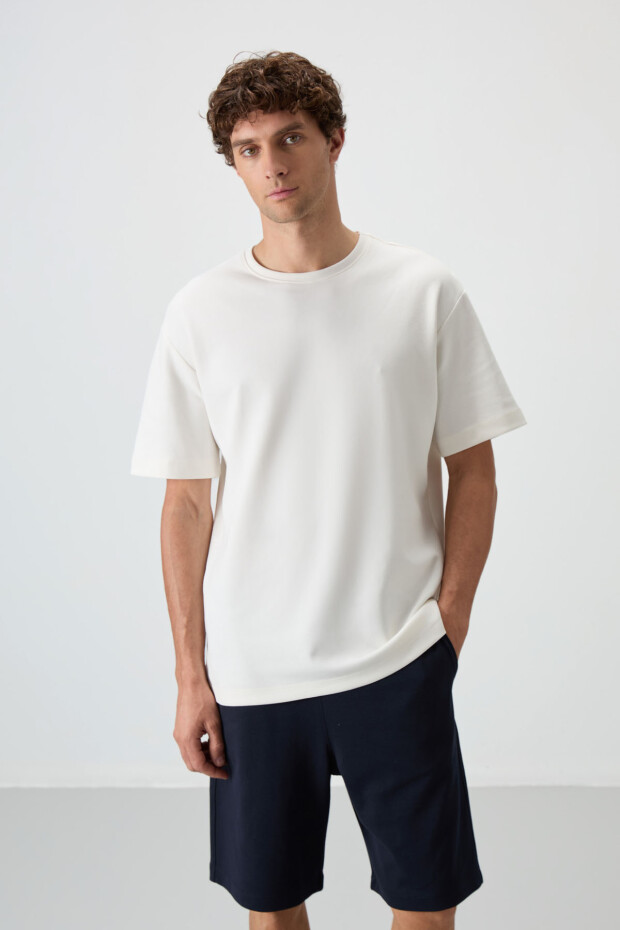 Ekru - Lacivert Pamuklu Kalın Yumuşak Dokulu Oversize Fit Basic Erkek Şort Takım - 85249 - 2