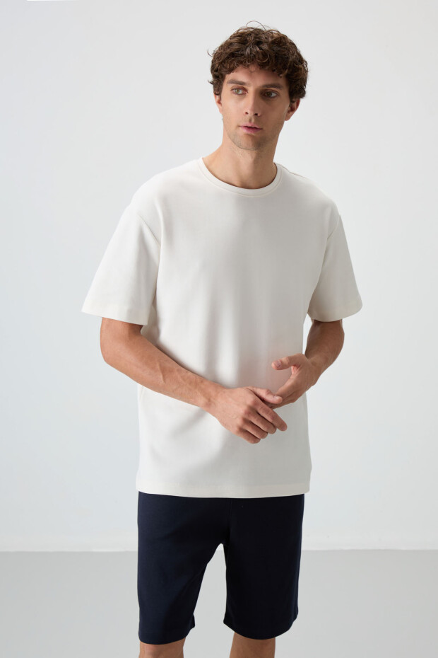 Ekru - Lacivert Pamuklu Kalın Yumuşak Dokulu Oversize Fit Basic Erkek Şort Takım - 85249 - 4