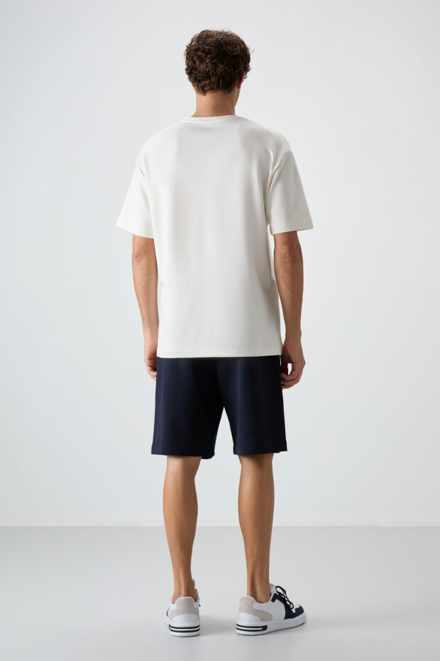 Ekru - Lacivert Pamuklu Kalın Yumuşak Dokulu Oversize Fit Basic Erkek Şort Takım - 85249 - 7