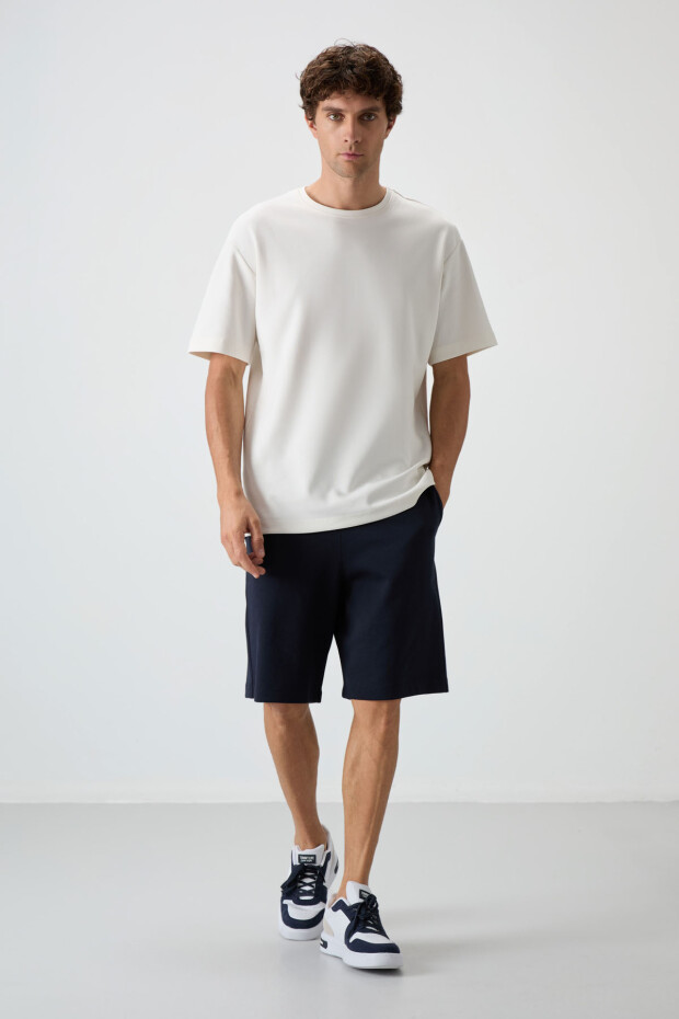 Ekru - Lacivert Pamuklu Kalın Yumuşak Dokulu Oversize Fit Basic Erkek Şort Takım - 85249 - 1