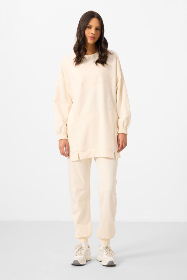 Ekru O Yaka Basic Oversize Kadın Eşofman Tunik Takım - 95347 - 1