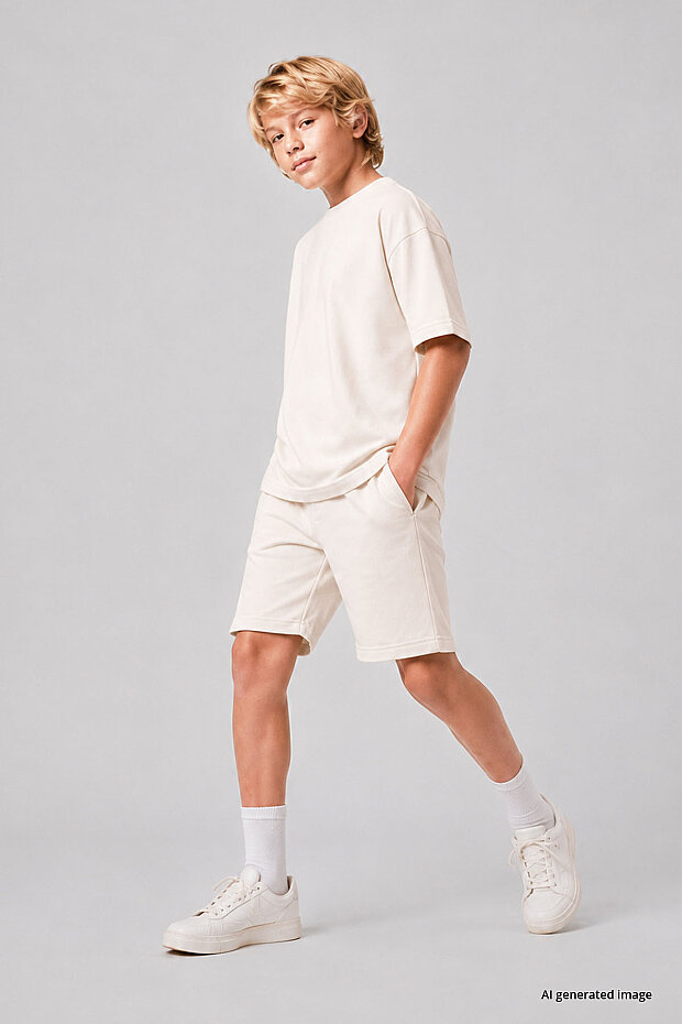 Ekru Oversize Fit Basic Erkek Çocuk Şort Takım - 11335 - 2