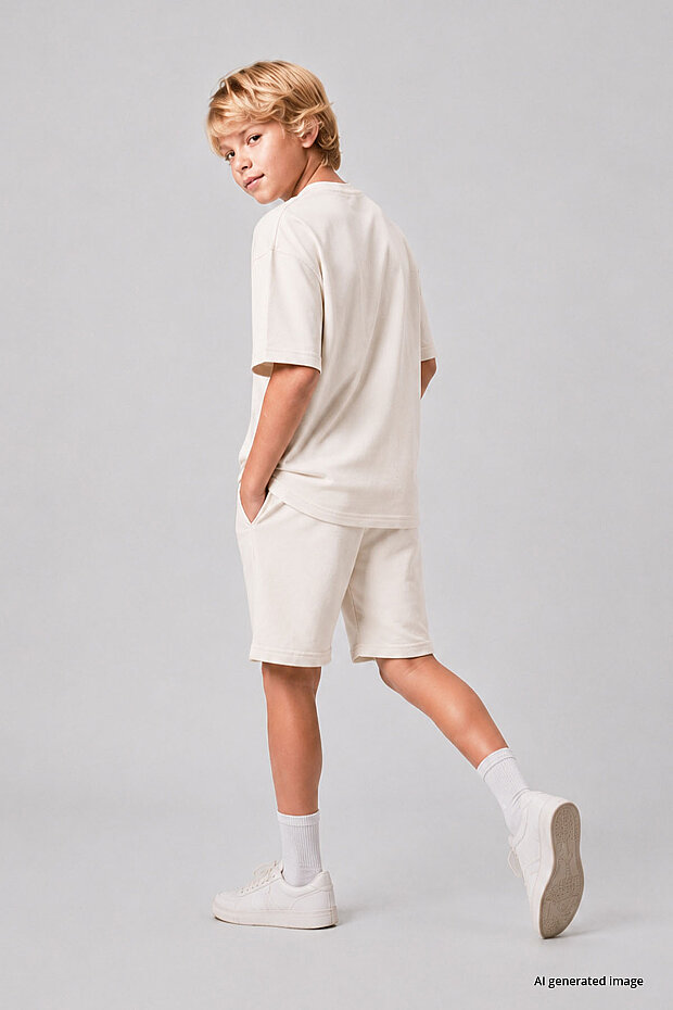 Ekru Oversize Fit Basic Erkek Çocuk Şort Takım - 11335 - 3