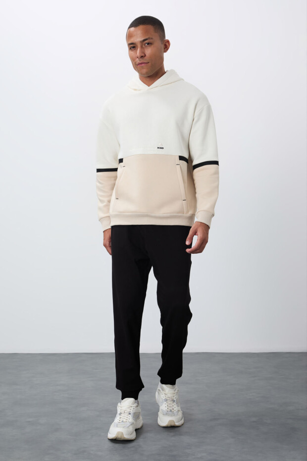 Ekru Pamuklu Kalın İçi Tüylü Yumuşak Dokulu Comfort Fit Nakışlı Erkek Sweatshirt - 88417 - 5