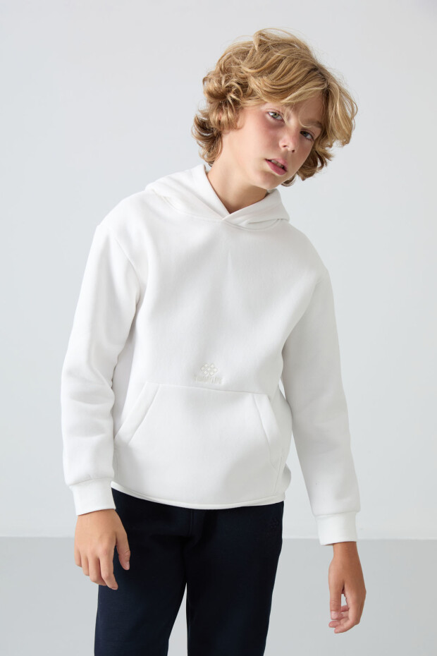 Ekru Pamuklu Kalın İçi Tüylü Yumuşak Dokulu Standart Fit Baskılı Erkek Çocuk Sweatshirt - 11215 - 4