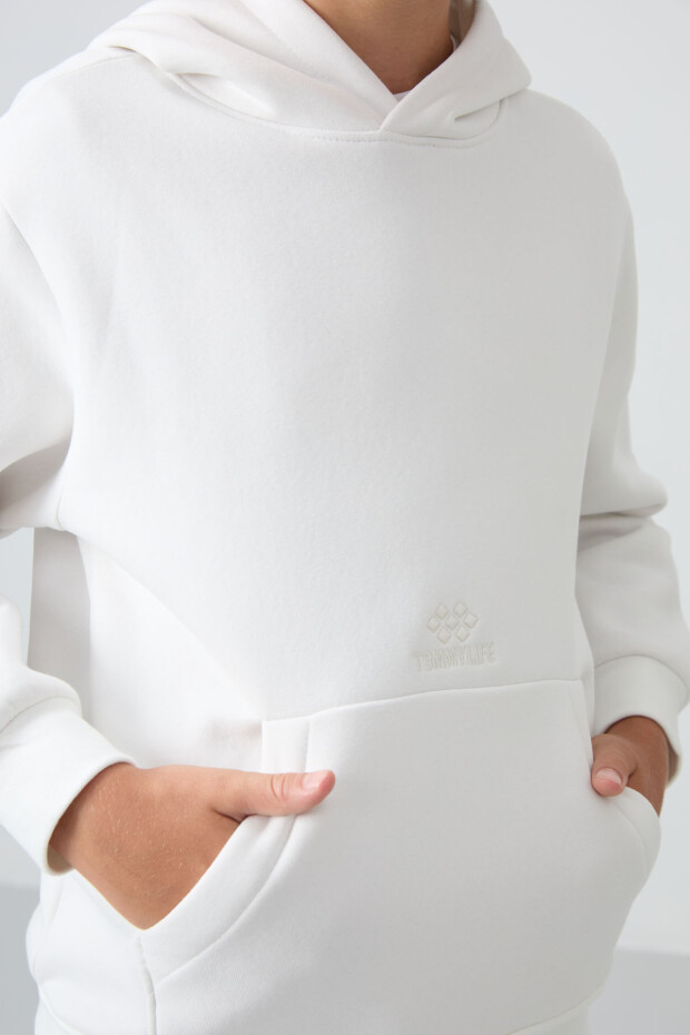 Ekru Pamuklu Kalın İçi Tüylü Yumuşak Dokulu Standart Fit Baskılı Erkek Çocuk Sweatshirt - 11215 - 2