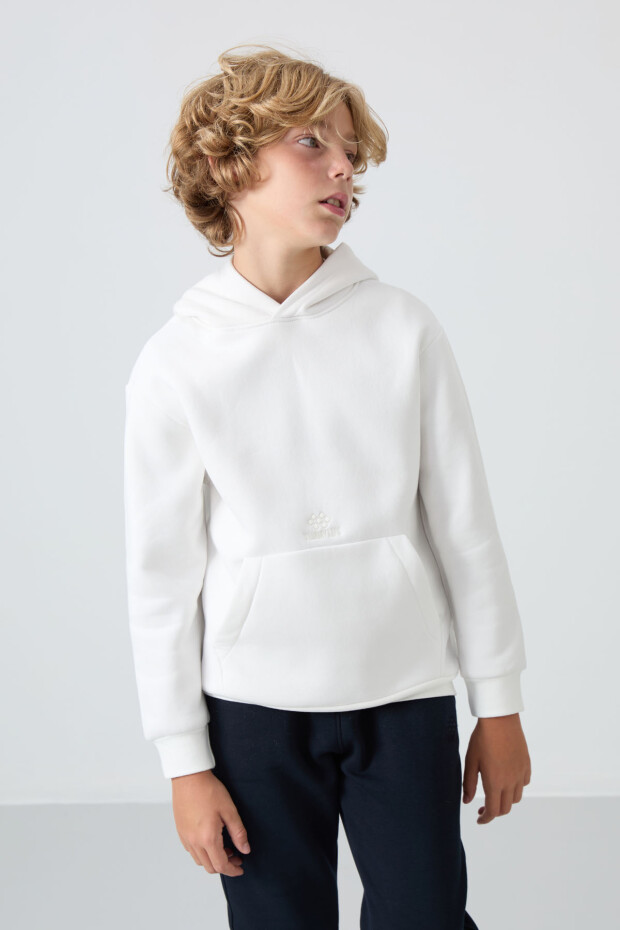 Ekru Pamuklu Kalın İçi Tüylü Yumuşak Dokulu Standart Fit Baskılı Erkek Çocuk Sweatshirt - 11215 - 1