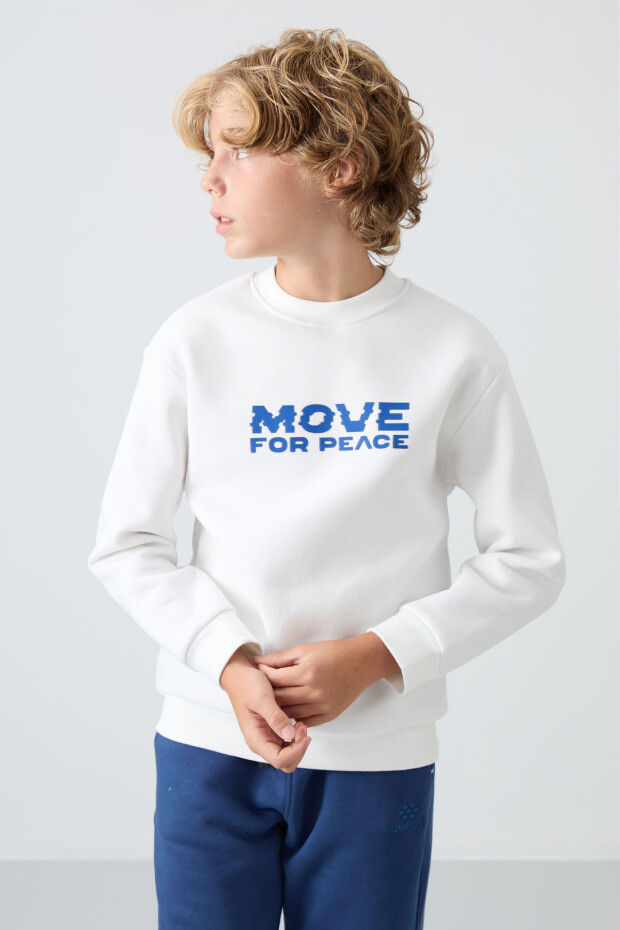 Ekru Pamuklu Kalın İçi Tüylü Yumuşak Dokulu Standart Fit Baskılı Erkek Çocuk Sweatshirt - 11216 - 4