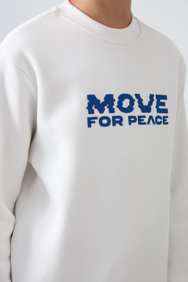 Ekru Pamuklu Kalın İçi Tüylü Yumuşak Dokulu Standart Fit Baskılı Erkek Çocuk Sweatshirt - 11216 - 3