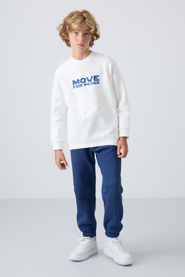 Ekru Pamuklu Kalın İçi Tüylü Yumuşak Dokulu Standart Fit Baskılı Erkek Çocuk Sweatshirt - 11216 - 2