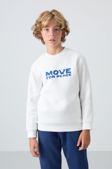 Ekru Pamuklu Kalın İçi Tüylü Yumuşak Dokulu Standart Fit Baskılı Erkek Çocuk Sweatshirt - 11216 