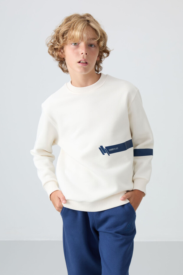 Ekru Pamuklu Kalın İçi Tüylü Yumuşak Dokulu Standart Fit Baskılı Erkek Çocuk Sweatshirt - 11238 - 2