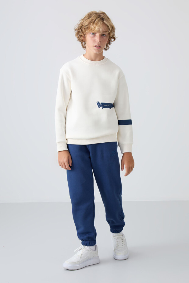 Ekru Pamuklu Kalın İçi Tüylü Yumuşak Dokulu Standart Fit Baskılı Erkek Çocuk Sweatshirt - 11238 - 4