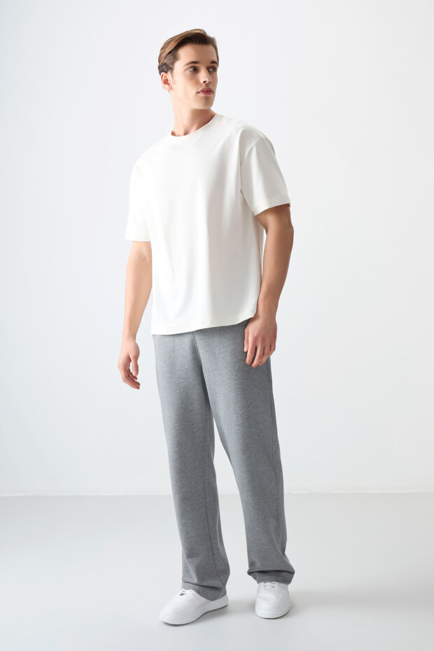 Ekru Pamuklu Kalın Yumuşak Dokulu Oversize Fit Basic Erkek T-Shirt - 88377 - 3