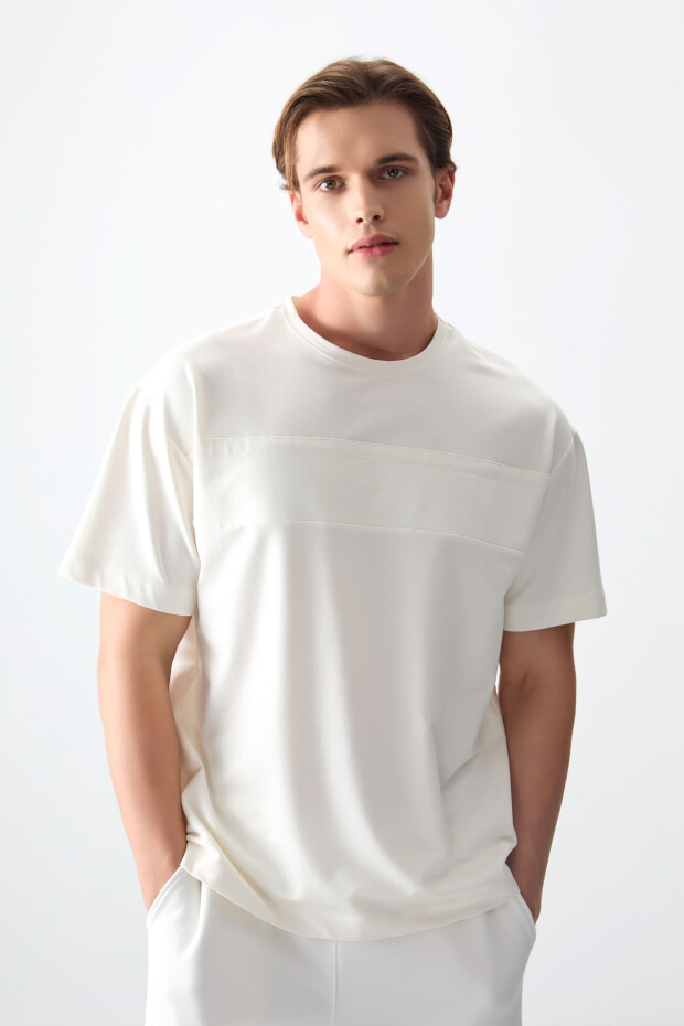 Ekru Pamuklu Kalın Yumuşak Dokulu Oversize Fit Basic Erkek T-Shirt - 88378 - 1