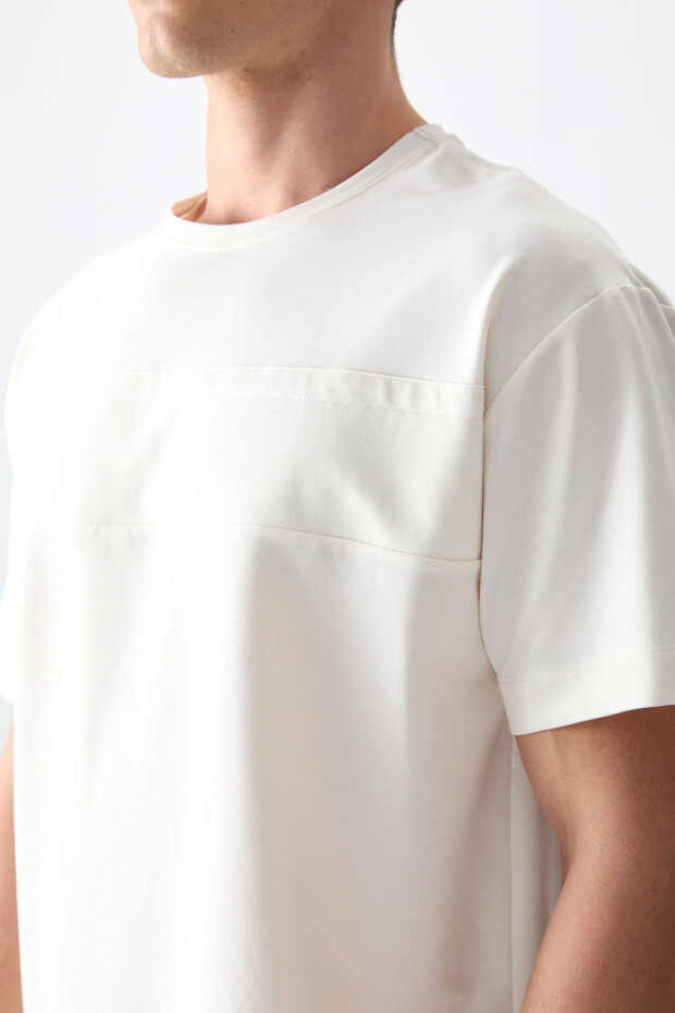 Ekru Pamuklu Kalın Yumuşak Dokulu Oversize Fit Basic Erkek T-Shirt - 88378 - 4