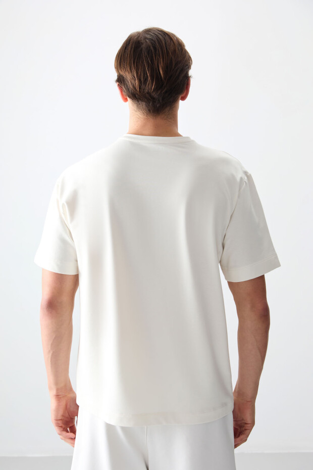 Ekru Pamuklu Kalın Yumuşak Dokulu Oversize Fit Basic Erkek T-Shirt - 88378 - 7