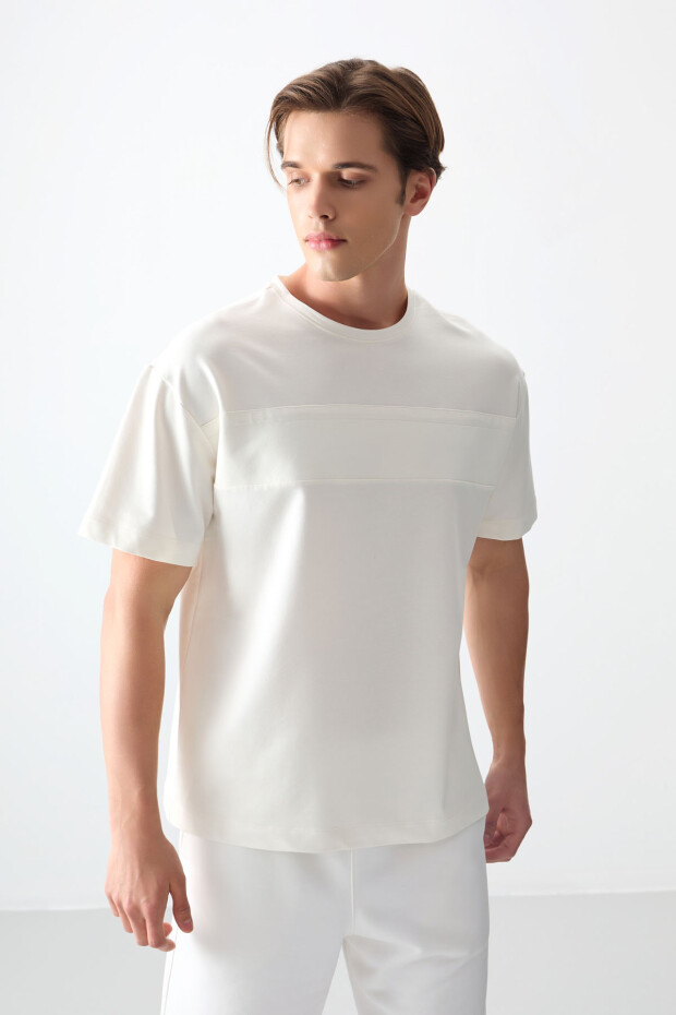 Ekru Pamuklu Kalın Yumuşak Dokulu Oversize Fit Basic Erkek T-Shirt - 88378 - 6