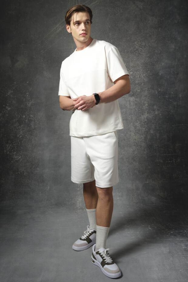 Ekru Pamuklu Kalın Yumuşak Dokulu Oversize Fit Basic Erkek T-Shirt - 88378 - 5