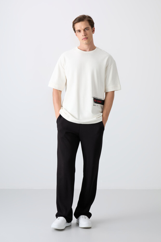 Ekru Pamuklu Kalın Yumuşak Dokulu Oversize Fit Baskılı Erkek T-Shirt - 88322 - 2