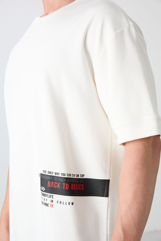 Ekru Pamuklu Kalın Yumuşak Dokulu Oversize Fit Baskılı Erkek T-Shirt - 88322 - 3