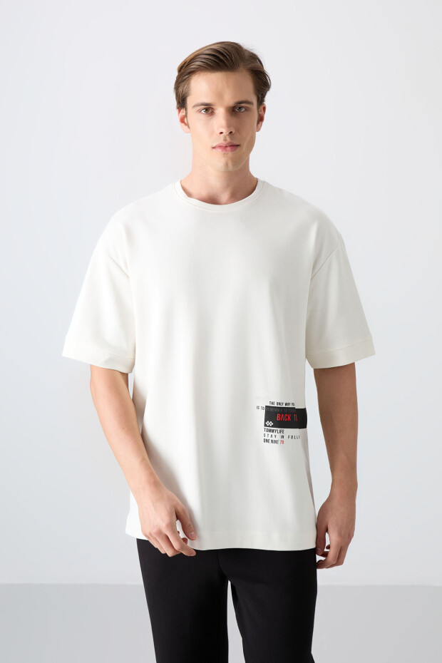 Ekru Pamuklu Kalın Yumuşak Dokulu Oversize Fit Baskılı Erkek T-Shirt - 88322 - 4