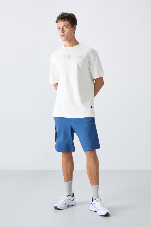 Ekru Pamuklu Kalın Yumuşak Dokulu Oversize Fit Baskılı Erkek T-Shirt - 88323 - 2