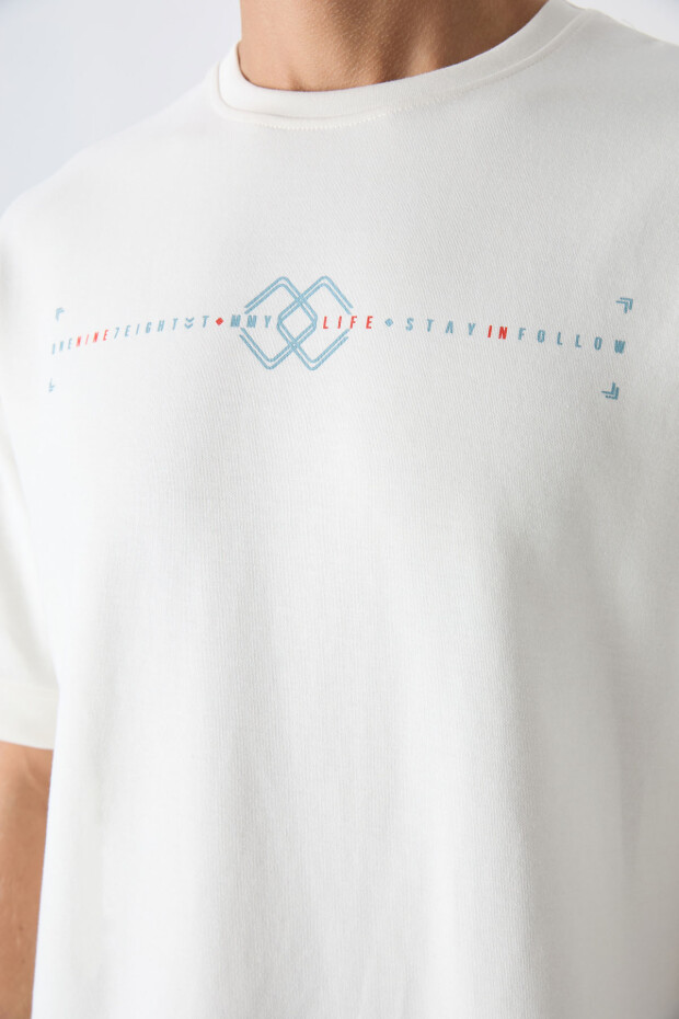 Ekru Pamuklu Kalın Yumuşak Dokulu Oversize Fit Baskılı Erkek T-Shirt - 88323 - 3