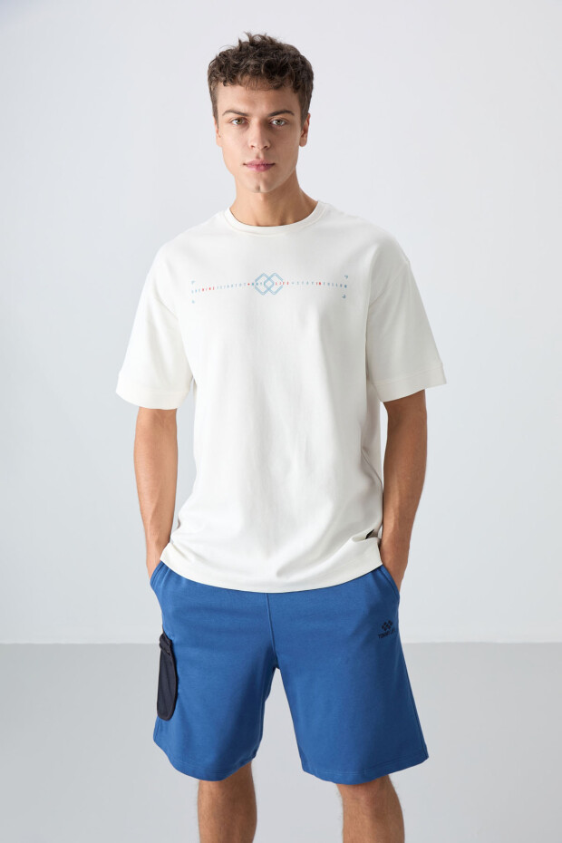 Ekru Pamuklu Kalın Yumuşak Dokulu Oversize Fit Baskılı Erkek T-Shirt - 88323 - 4