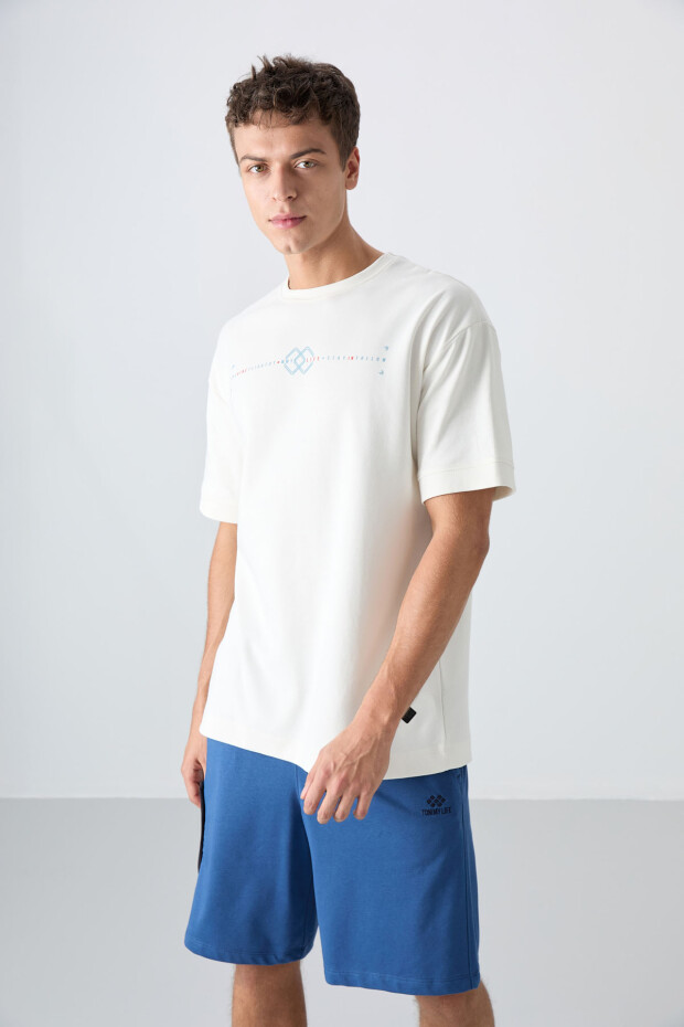 Ekru Pamuklu Kalın Yumuşak Dokulu Oversize Fit Baskılı Erkek T-Shirt - 88323 - 1