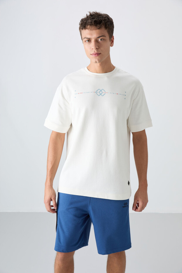 Ekru Pamuklu Kalın Yumuşak Dokulu Oversize Fit Baskılı Erkek T-Shirt - 88323 - 5