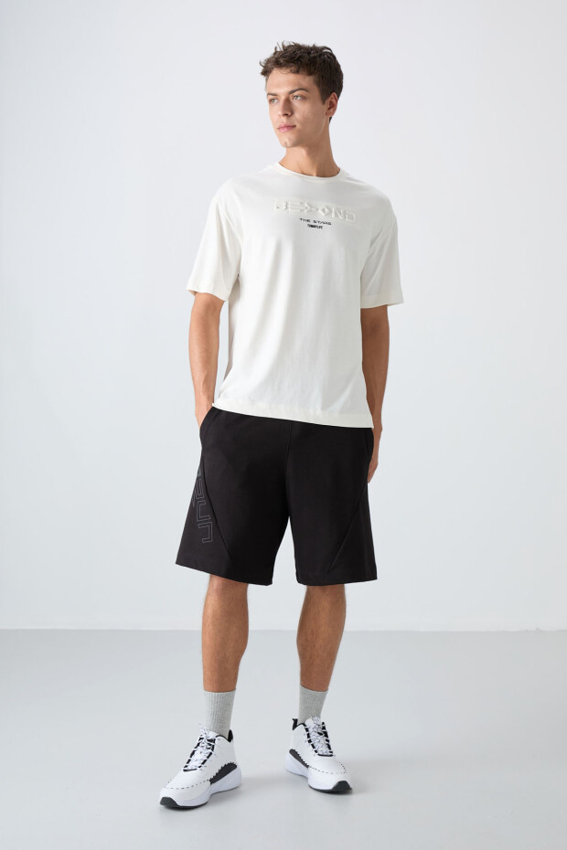 Ekru Pamuklu Kalın Yumuşak Dokulu Oversize Fit Baskılı Erkek T-Shirt - 88328 - 2