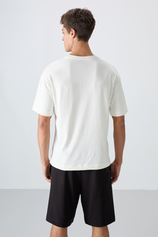 Ekru Pamuklu Kalın Yumuşak Dokulu Oversize Fit Baskılı Erkek T-Shirt - 88328 - 5