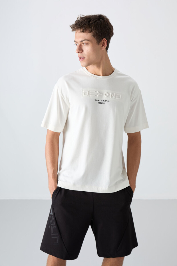 Ekru Pamuklu Kalın Yumuşak Dokulu Oversize Fit Baskılı Erkek T-Shirt - 88328 - 4