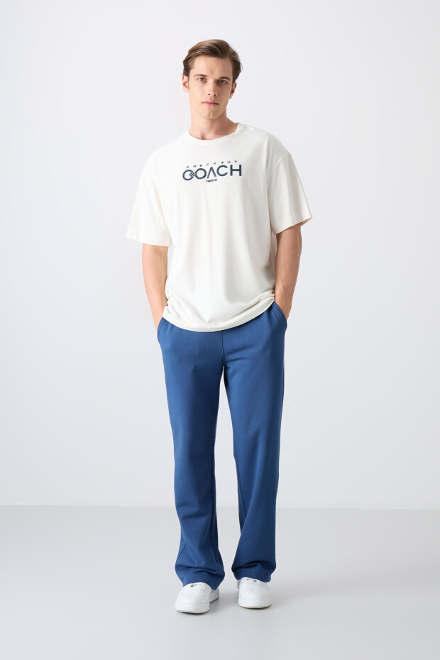 Ekru Pamuklu Kalın Yumuşak Dokulu Oversize Fit Baskılı Erkek T-Shirt - 88329 - 2