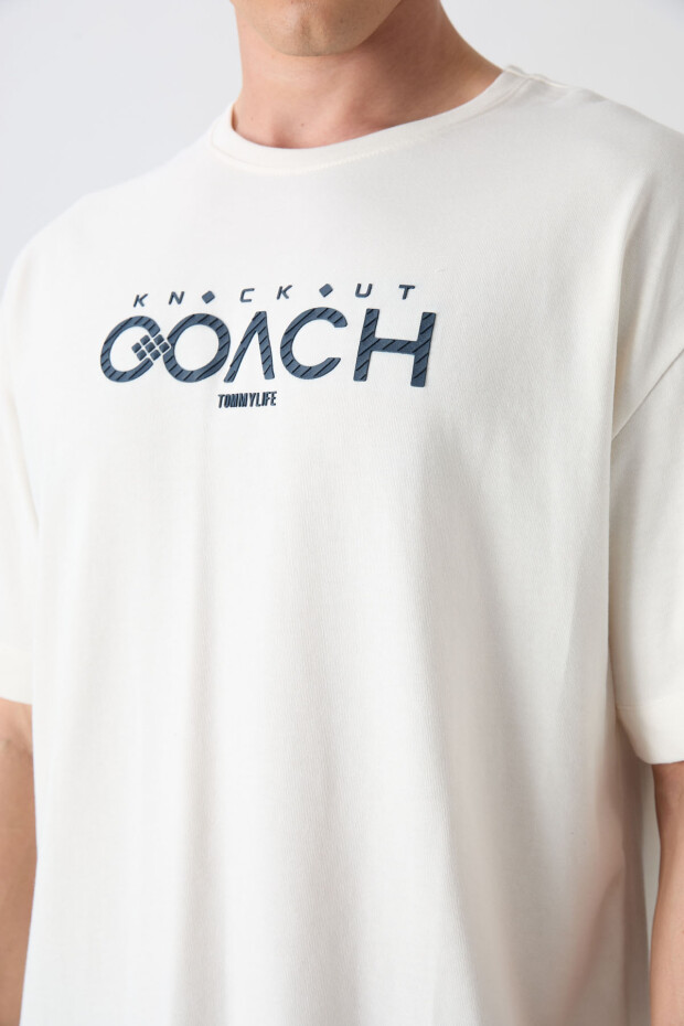 Ekru Pamuklu Kalın Yumuşak Dokulu Oversize Fit Baskılı Erkek T-Shirt - 88329 - 3