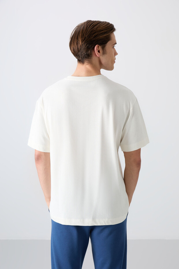 Ekru Pamuklu Kalın Yumuşak Dokulu Oversize Fit Baskılı Erkek T-Shirt - 88329 - 5