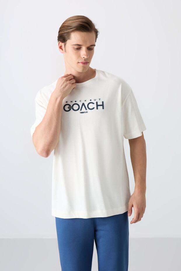 Ekru Pamuklu Kalın Yumuşak Dokulu Oversize Fit Baskılı Erkek T-Shirt - 88329 - 1