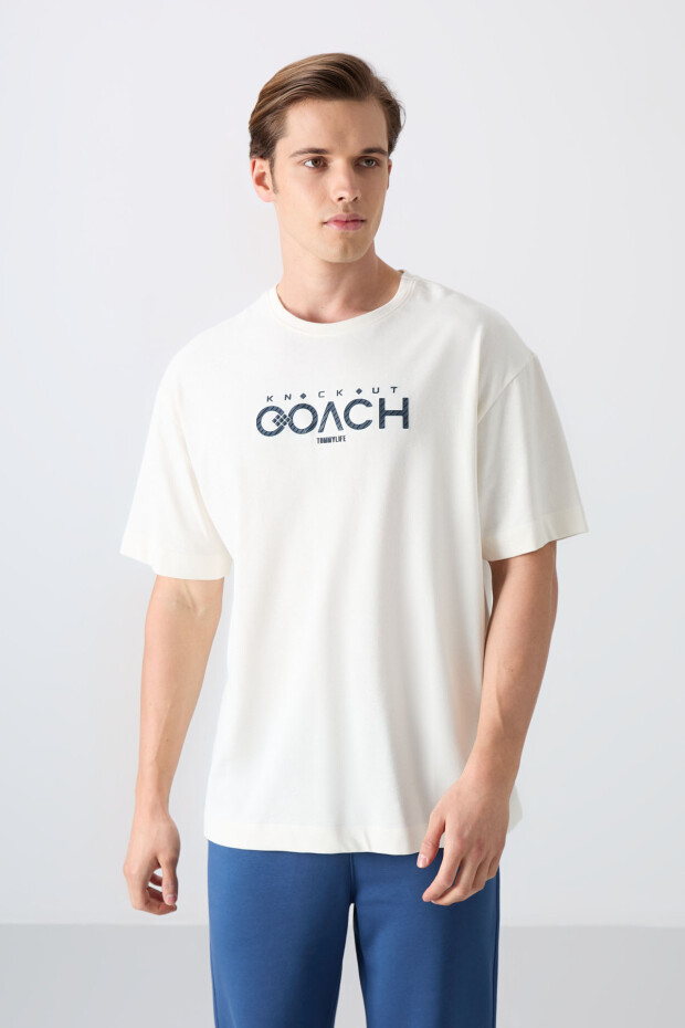 Ekru Pamuklu Kalın Yumuşak Dokulu Oversize Fit Baskılı Erkek T-Shirt - 88329 - 4