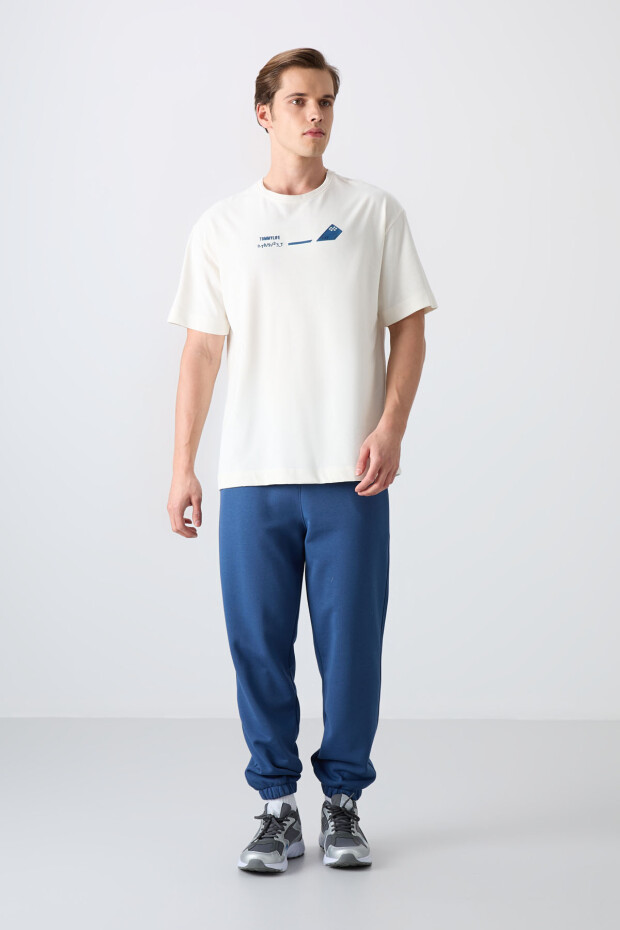 Ekru Pamuklu Kalın Yumuşak Dokulu Oversize Fit Baskılı Erkek T-Shirt - 88330 - 2