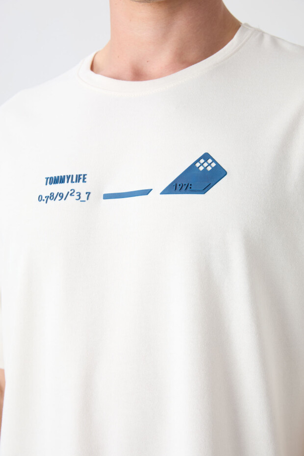 Ekru Pamuklu Kalın Yumuşak Dokulu Oversize Fit Baskılı Erkek T-Shirt - 88330 - 3