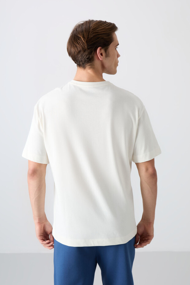 Ekru Pamuklu Kalın Yumuşak Dokulu Oversize Fit Baskılı Erkek T-Shirt - 88330 - 5