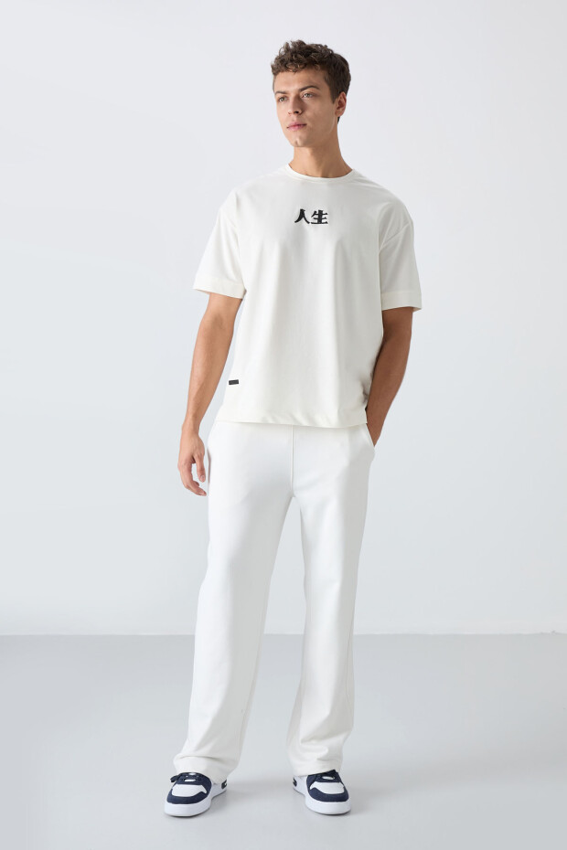 Ekru Pamuklu Kalın Yumuşak Dokulu Oversize Fit Baskılı Erkek T-Shirt - 88342 - 2