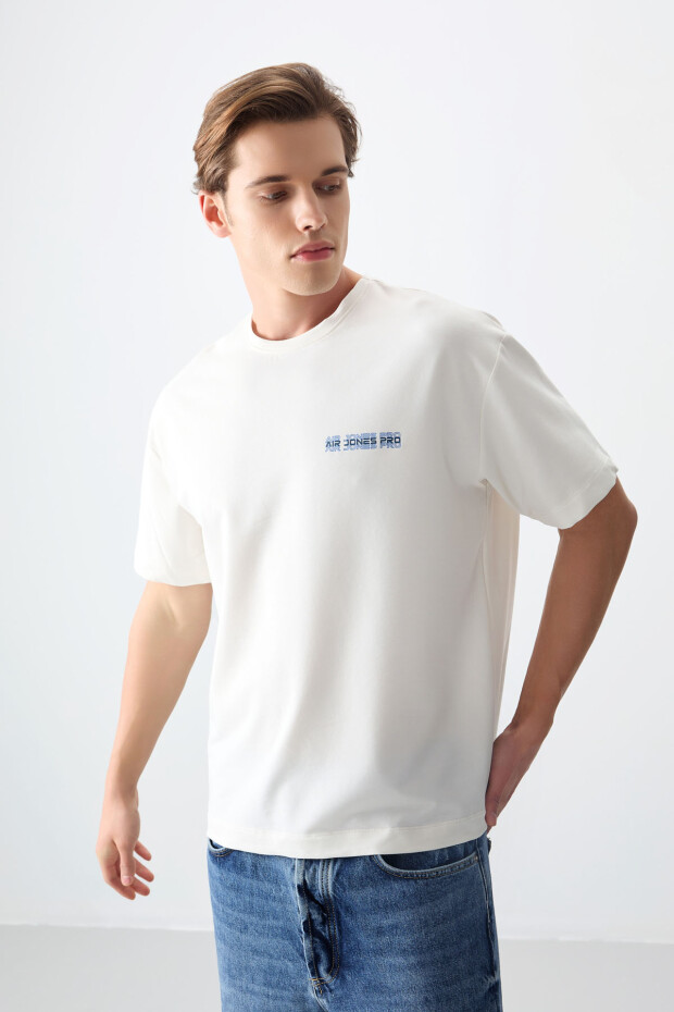 Ekru Pamuklu Kalın Yumuşak Dokulu Oversize Fit Baskılı Erkek T-Shirt - 88375 - 4